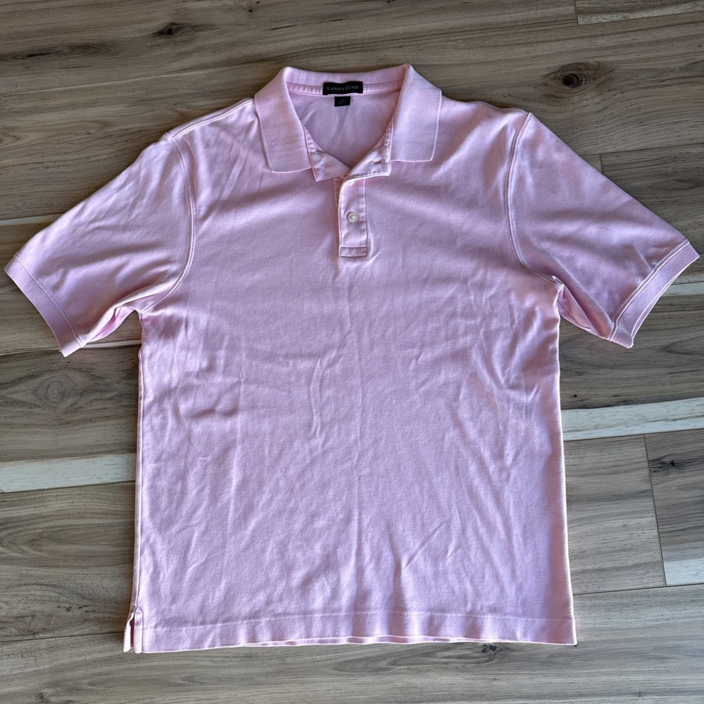 Lands End Shirt Mens Polo Classic Casual Preppy Pink Striped Size Medium